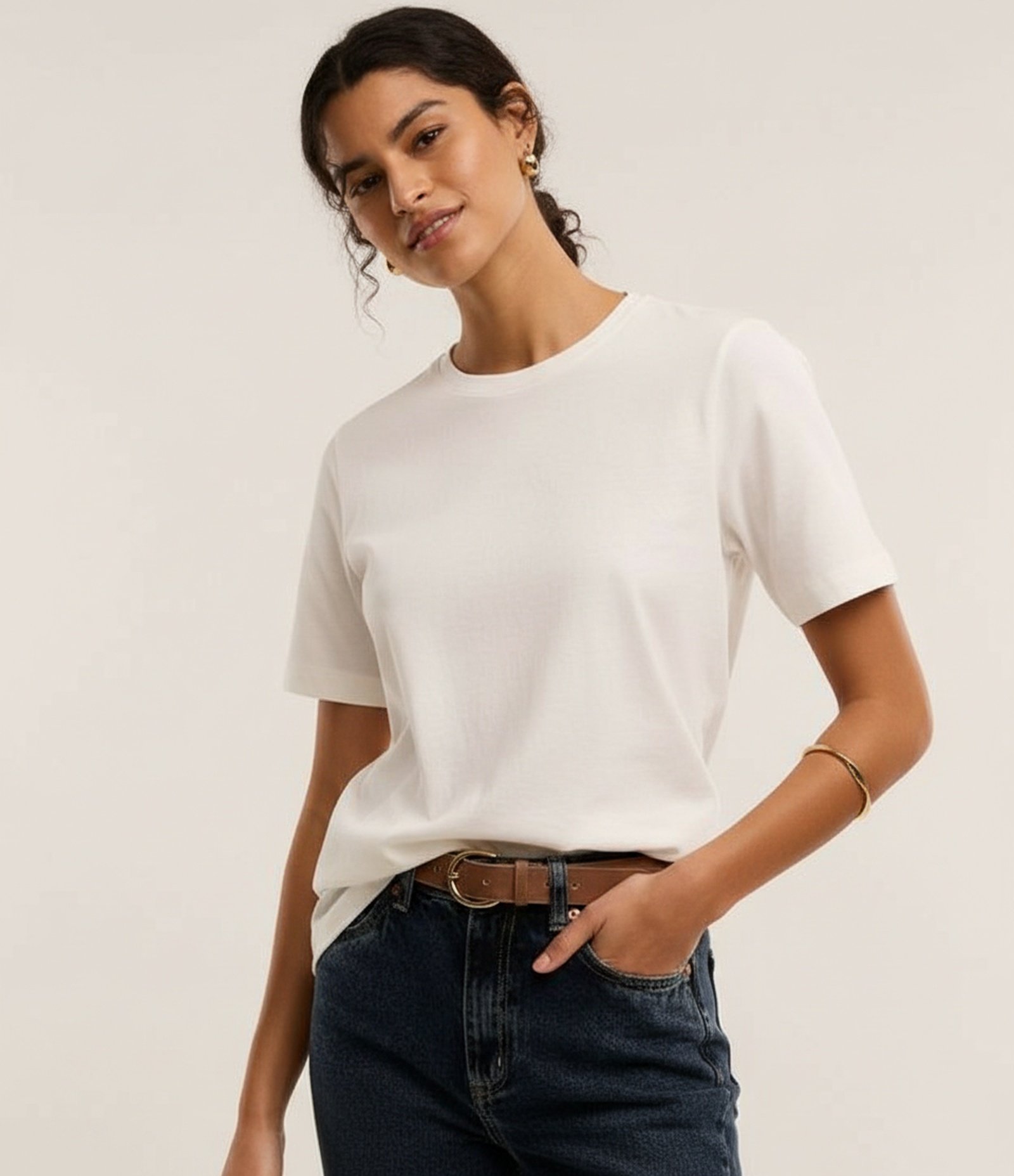 Camiseta Básica em Cotton com Gola Redonda Branco 6