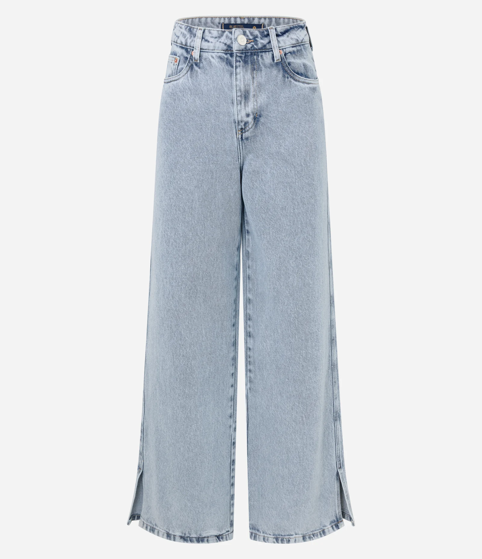 Calça Wide Leg em Jeans Marmorizada com Fenda Lateral Azul 1