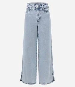 Calça Wide Leg em Jeans Marmorizada com Fenda Lateral