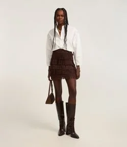 Saia Reta Estilo Folk em Suede com Camadas de Franjas
