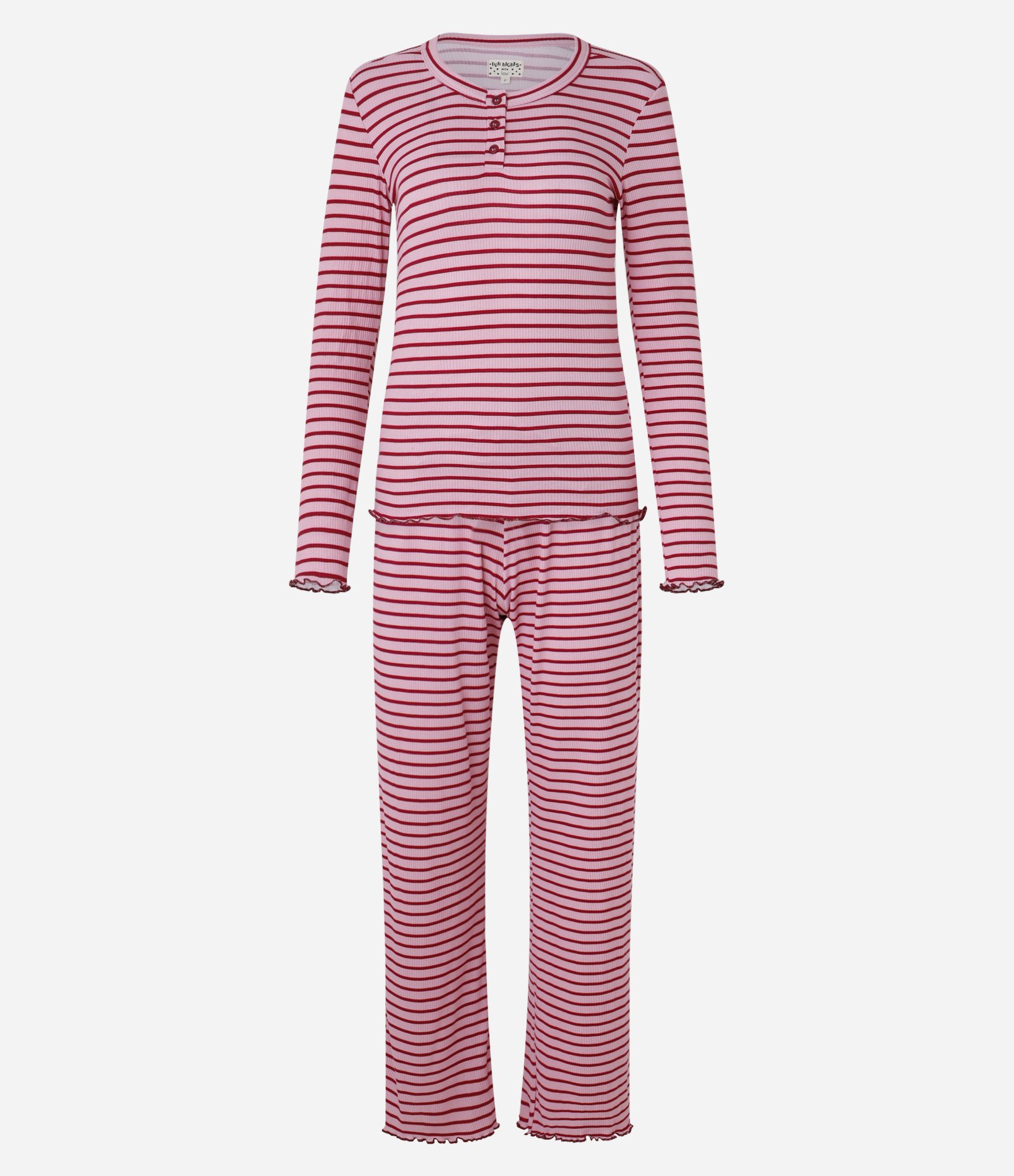 Pijama Longo em Ribana com Listras e Acabamento de Frufrus Rosa 4