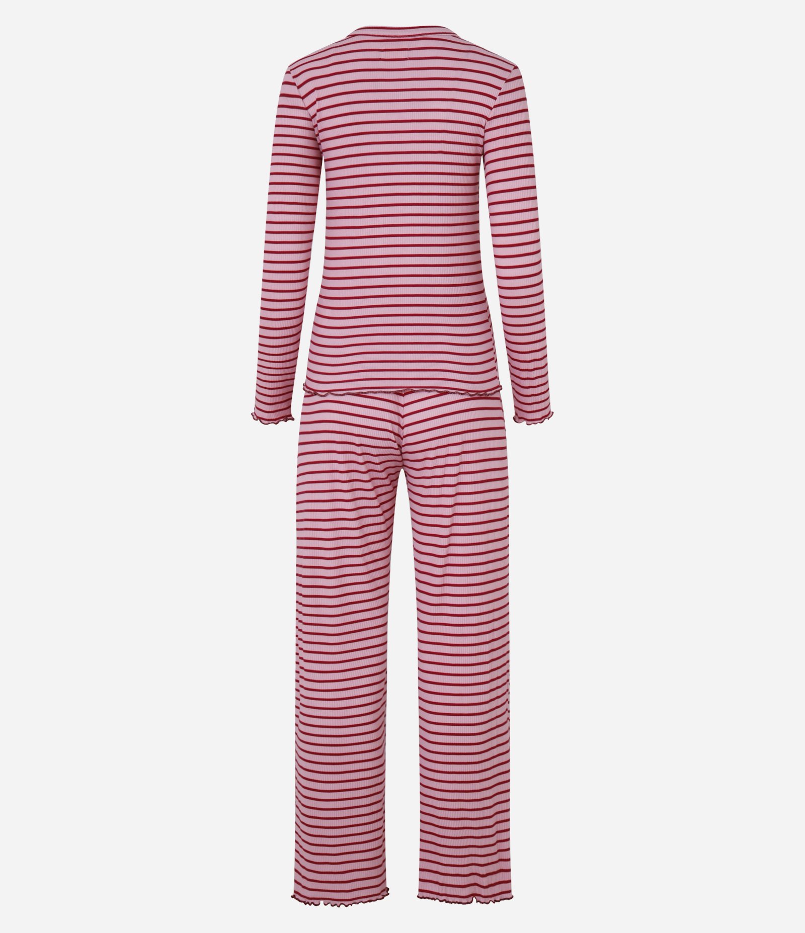 Pijama Longo em Ribana com Listras e Acabamento de Frufrus Rosa 6