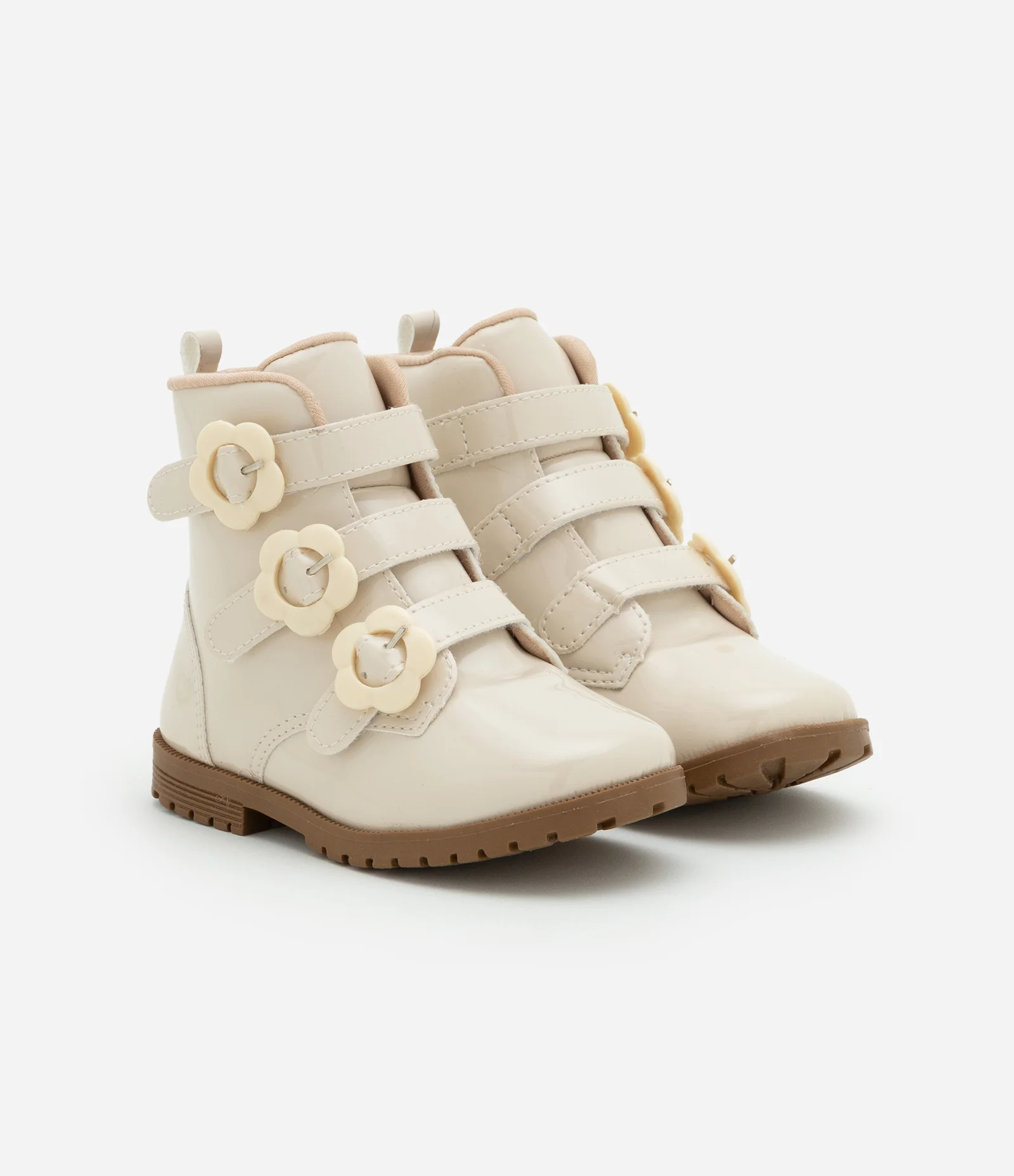 Bota Coturno Infantil com Fivelas Florzinhas - Tam 20 a 27 Bege 1
