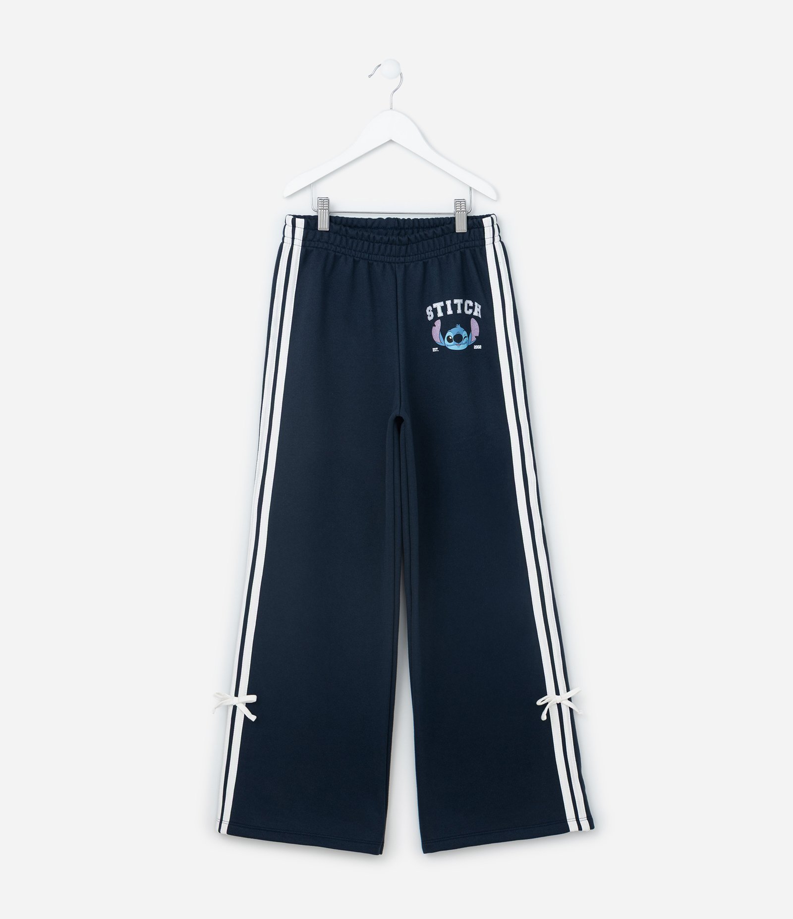 Calça Wide Leg Infantil com Listras e Estampa Stitch - Tam 7 a 14 Anos Azul 1