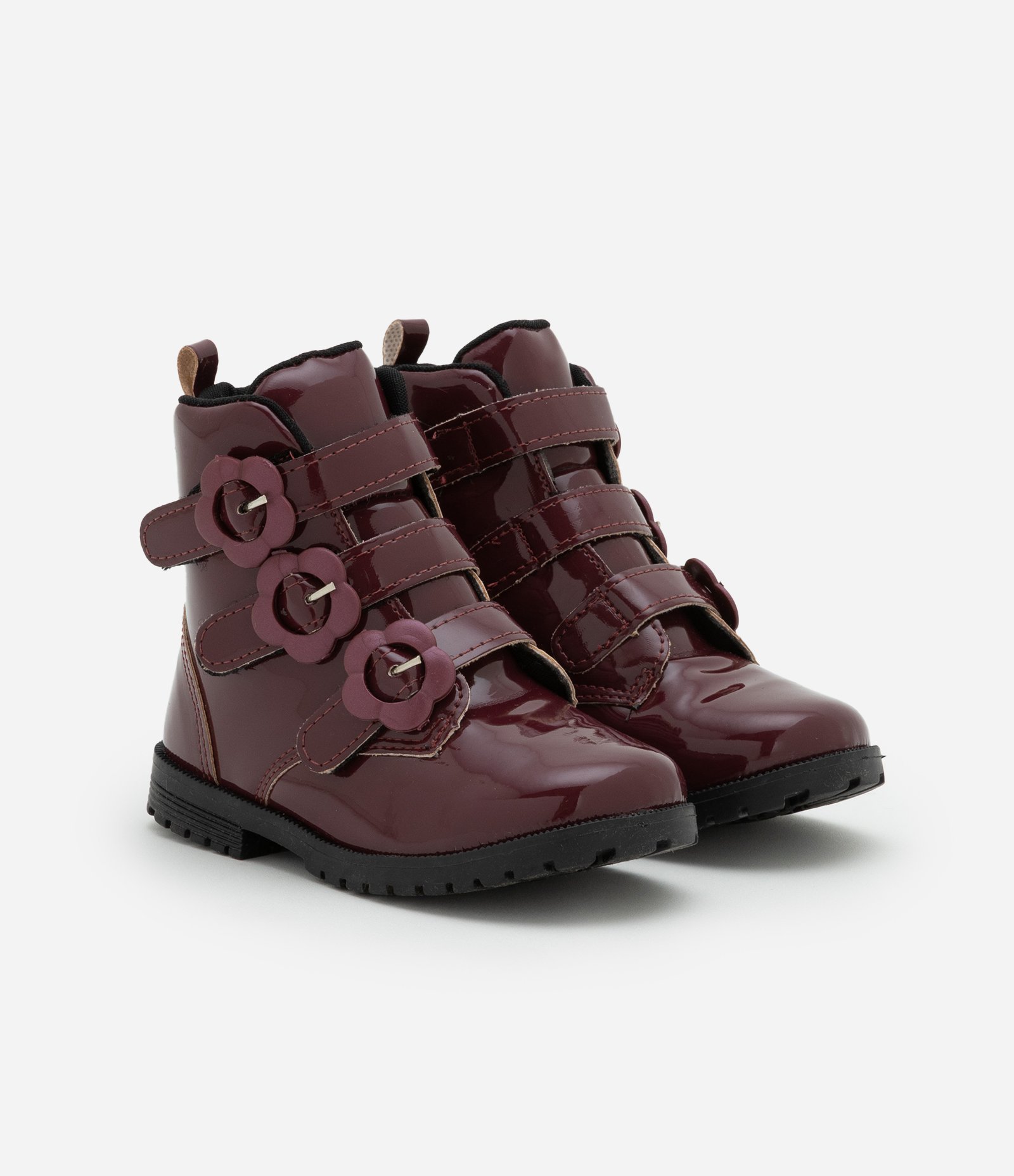 Bota Coturno Infantil com Fivelas Florzinhas - Tam 20 a 27 Vermelho Bordô 1