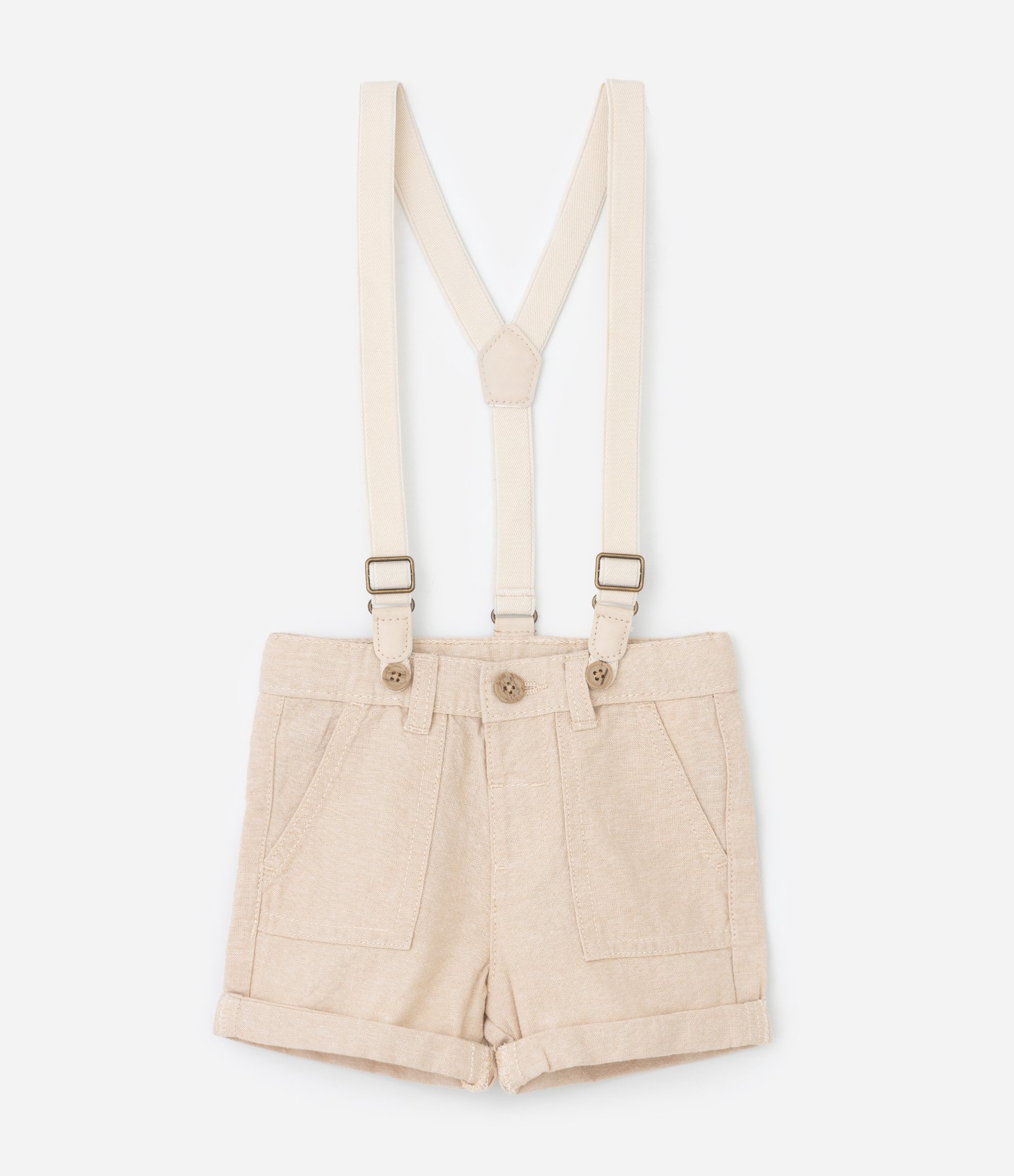 Bermuda Infantil em Linho com Suspensório - Tam 0 a 18 Meses Bege 1