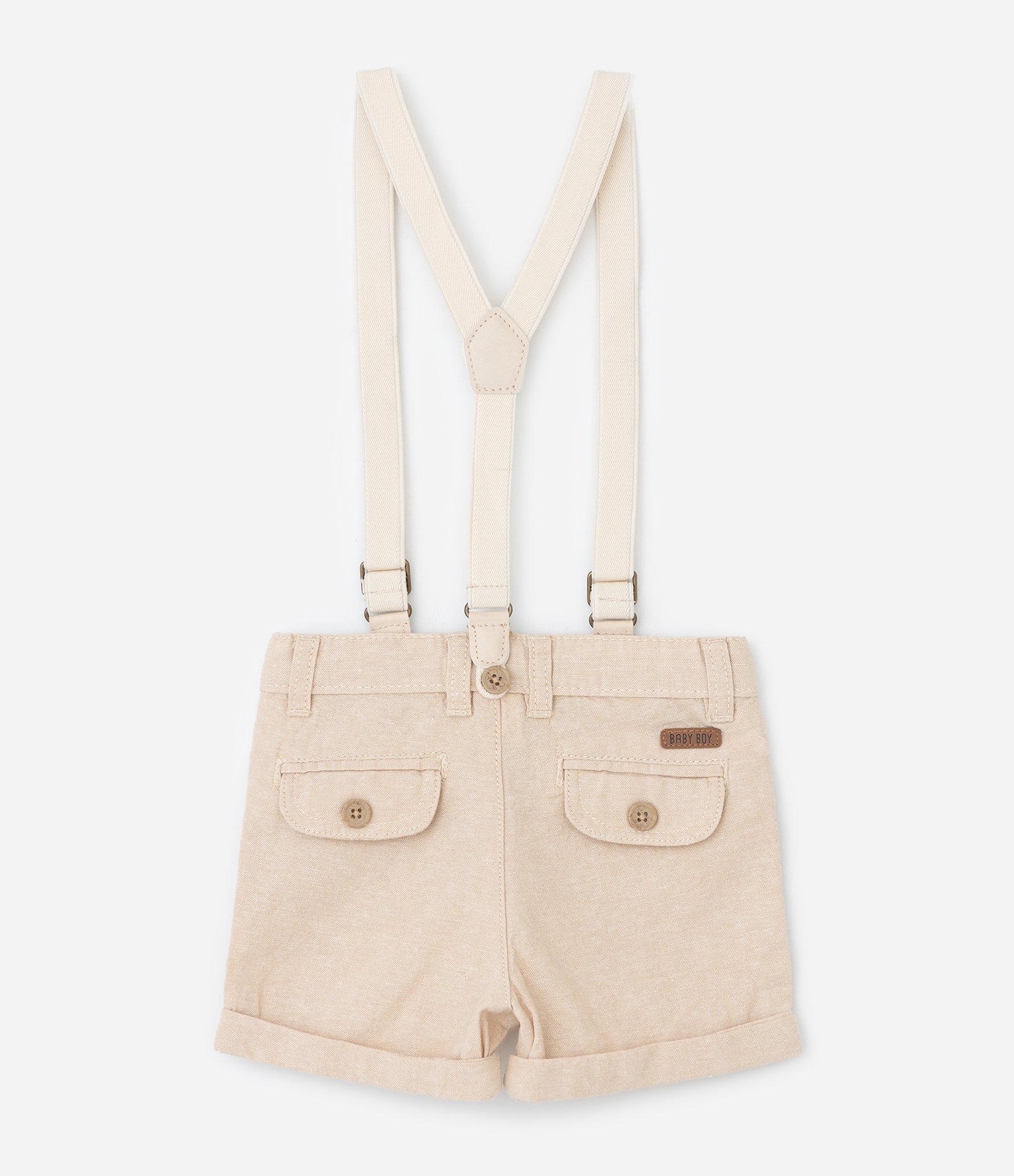 Bermuda Infantil em Linho com Suspensório - Tam 0 a 18 Meses Bege 2