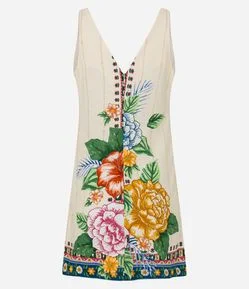Vestido Curto em Viscose com Linho e Estampa Floral