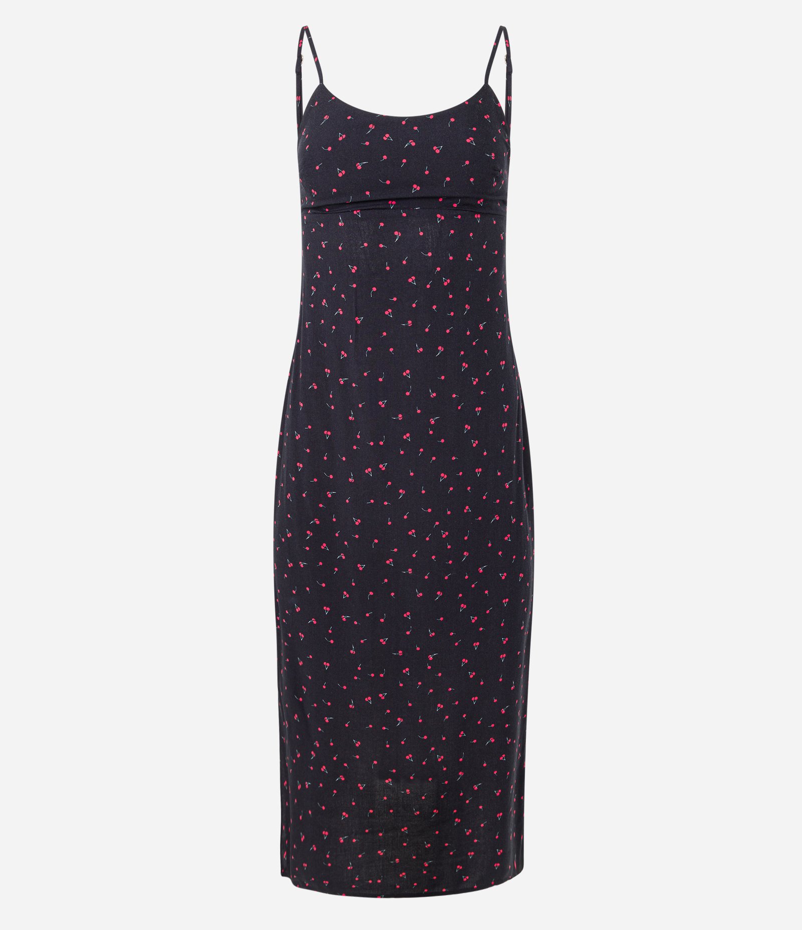 Vestido New Midi em Viscose com Cerejinhas e Fenda Preto 5