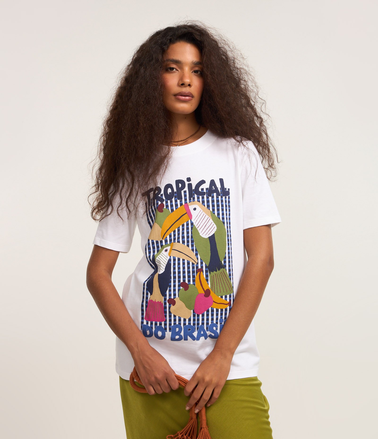 Camiseta em Algodão com Estampa Tropical do Brasil Branco Neve 1