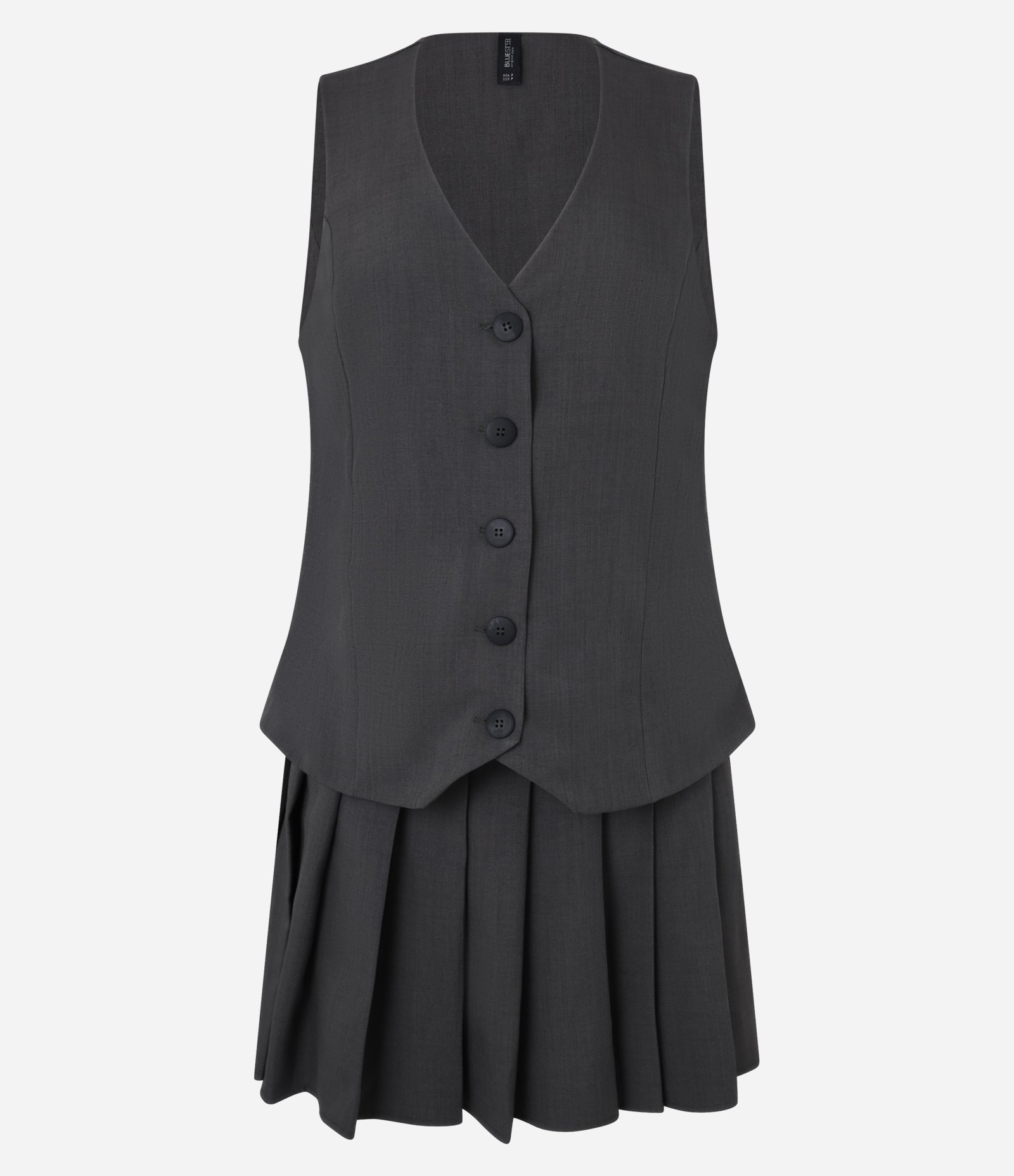 Vestido Godê em Alfaiataria com Colete e Saia Plissada Cinza 6
