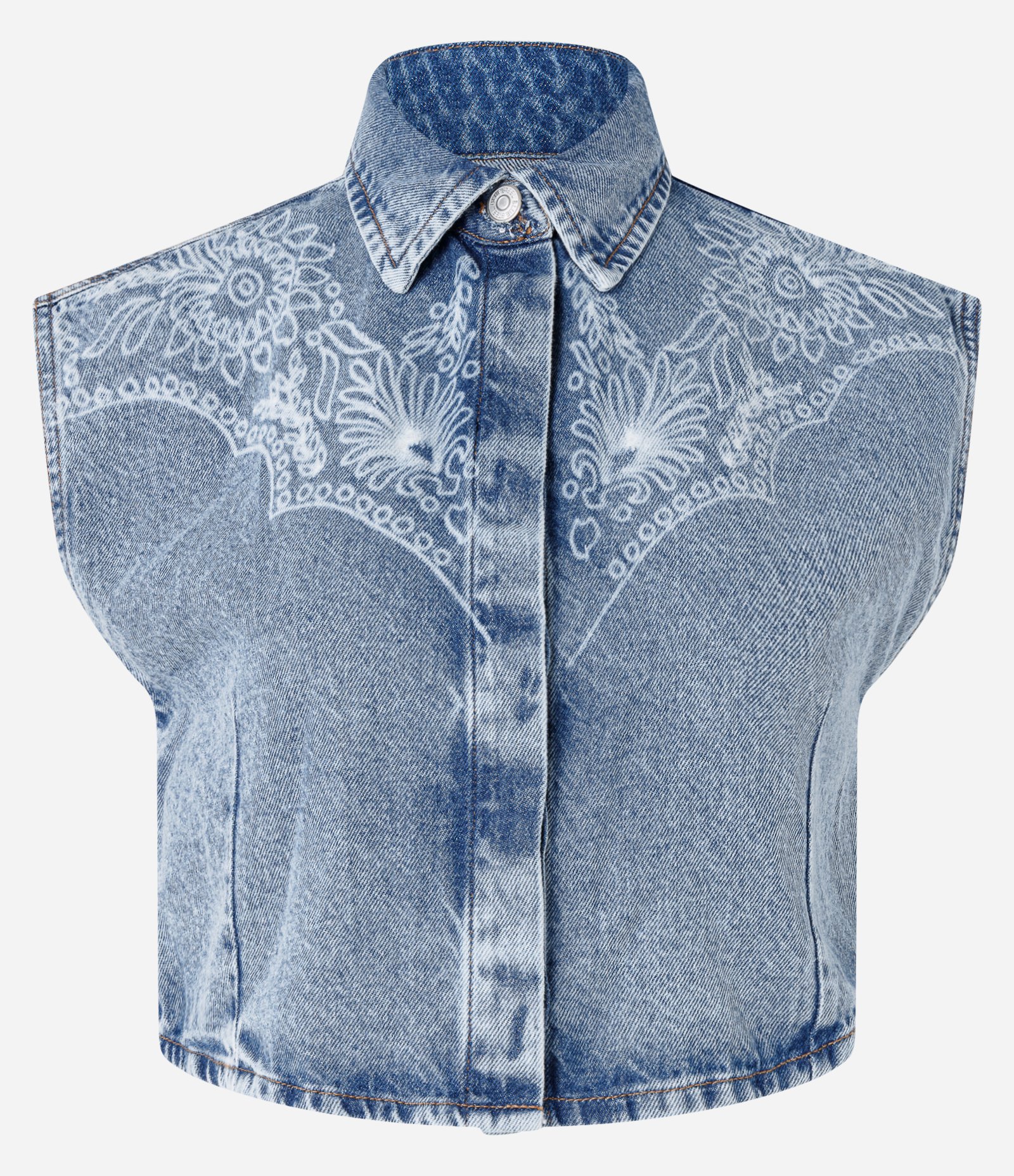 Camisa Cropped em Jeans com Botões e Arte em Laser Azul 7
