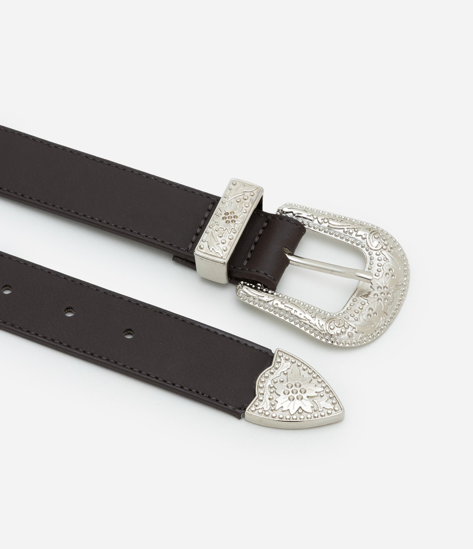 Cinto Médio em PU com Fivela Western e Ponteira em Níquel Marrom Escuro 2