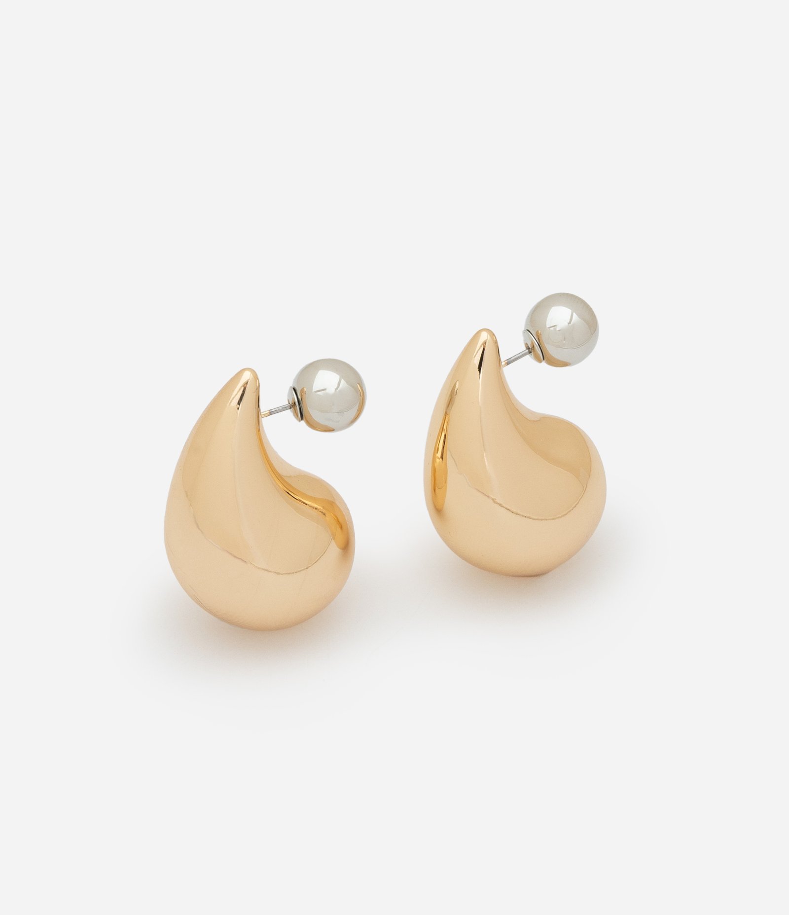 Brinco Botão Gota com Tarraxa de Bolinha Contrastante Bicolor Dourado/Prata 1