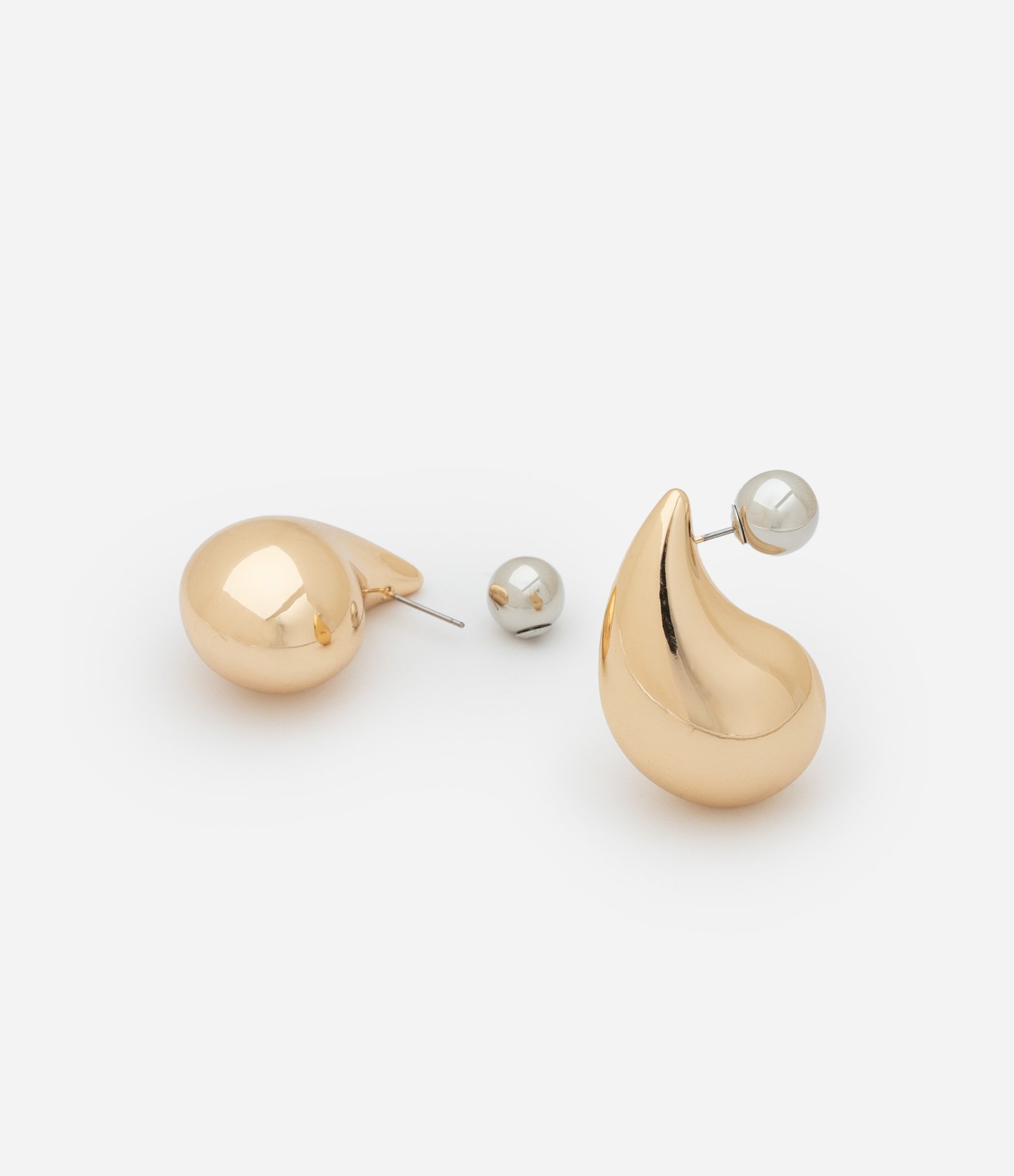 Brinco Botão Gota com Tarraxa de Bolinha Contrastante Bicolor Dourado/Prata 2