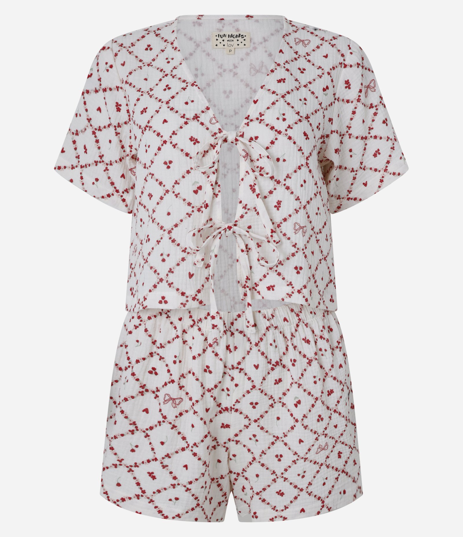 Pijama Short Doll em Algodão Texturizado com Estampa Floral e Amarração Off White/Vermelho 4