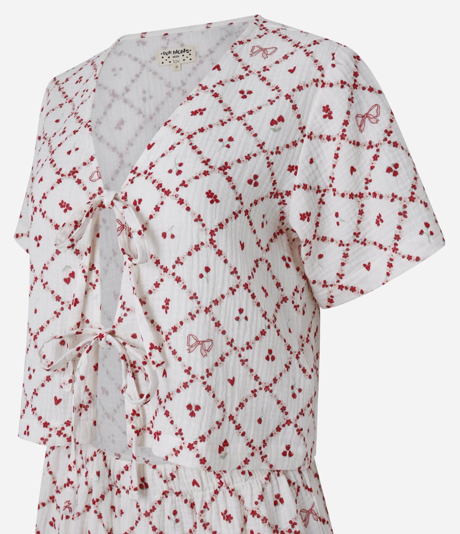 Pijama Short Doll em Algodão Texturizado com Estampa Floral e Amarração Off White/Vermelho 5