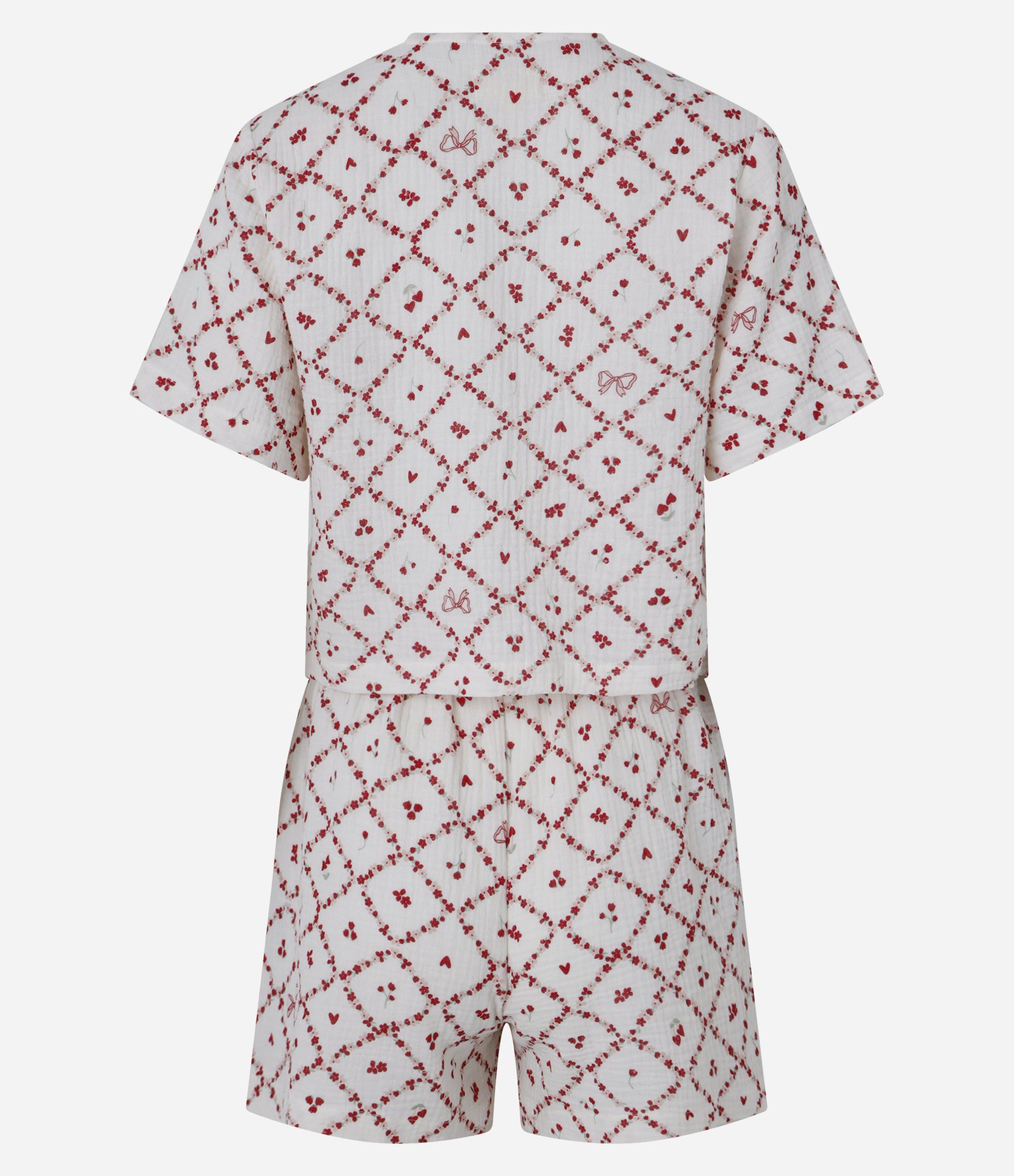 Pijama Short Doll em Algodão Texturizado com Estampa Floral e Amarração Off White/Vermelho 6