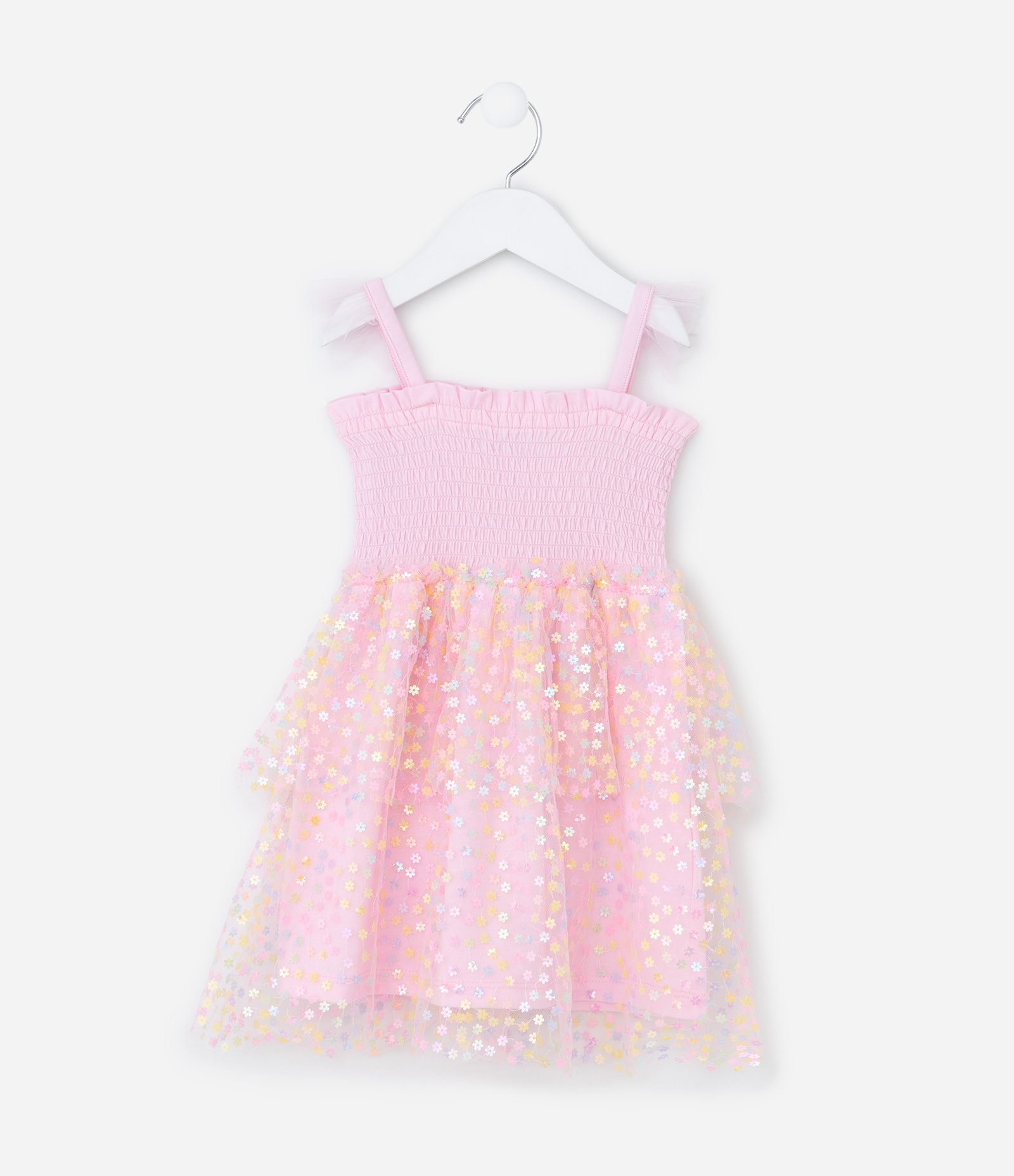 Vestido Infantil em Tule com Babados e Flores - Tam 1 a 6 Anos Rosa 2