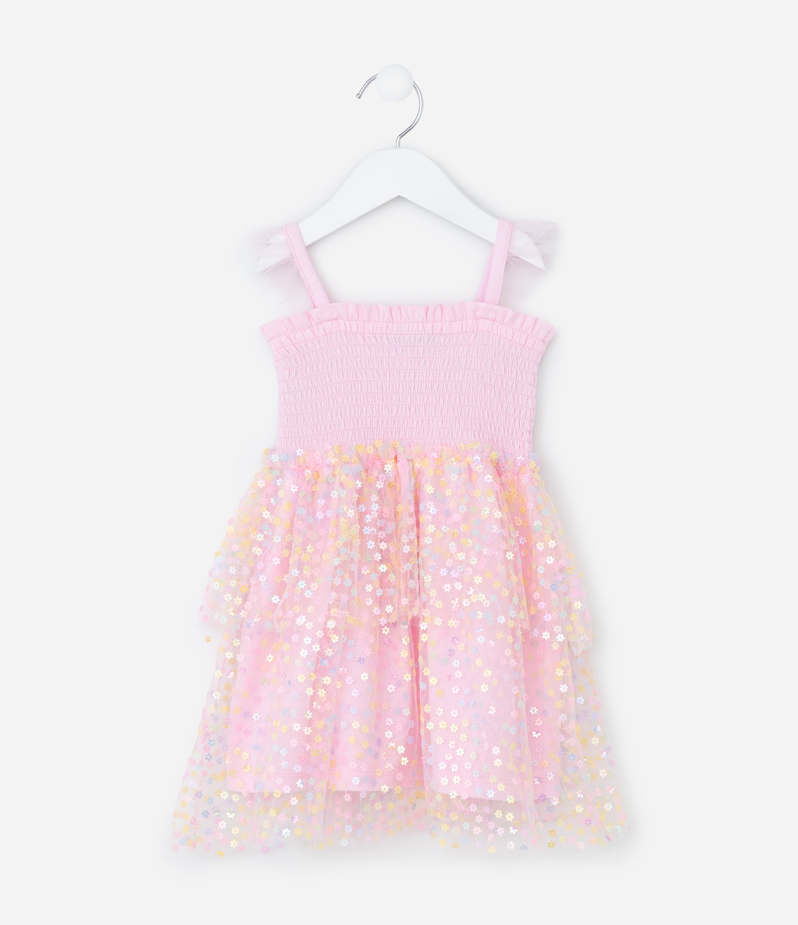 Vestido Infantil em Tule com Babados e Flores - Tam 1 a 6 Anos Rosa 3