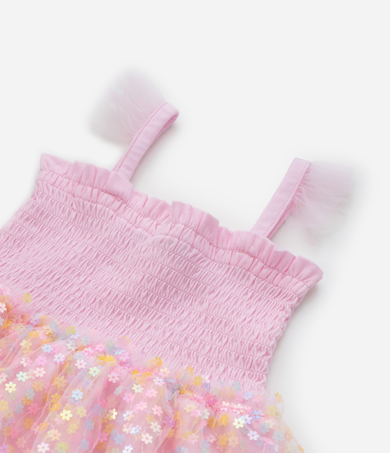 Vestido Infantil em Tule com Babados e Flores - Tam 1 a 6 Anos Rosa 7