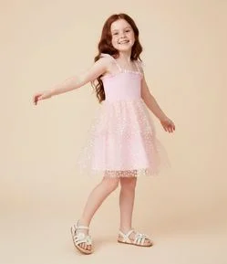 Vestido Infantil em Tule com Babados e Flores - Tam 1 a 6 Anos