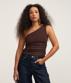 Blusa em Tule com Um Ombro Só e Franzidinho