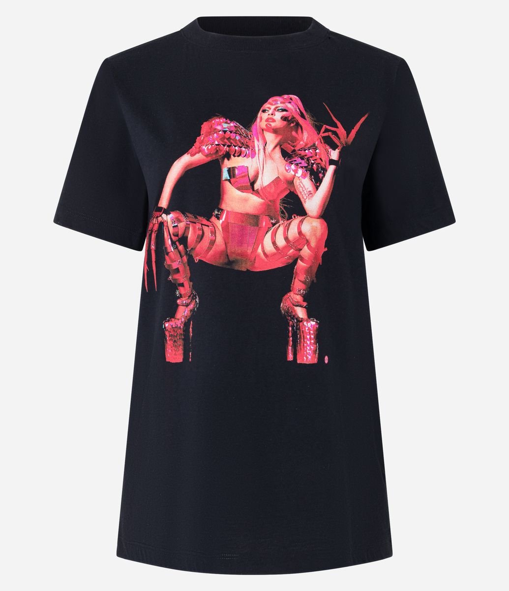 Camiseta em Algodão com Estampa Lady Gaga Frente e Costas Preto