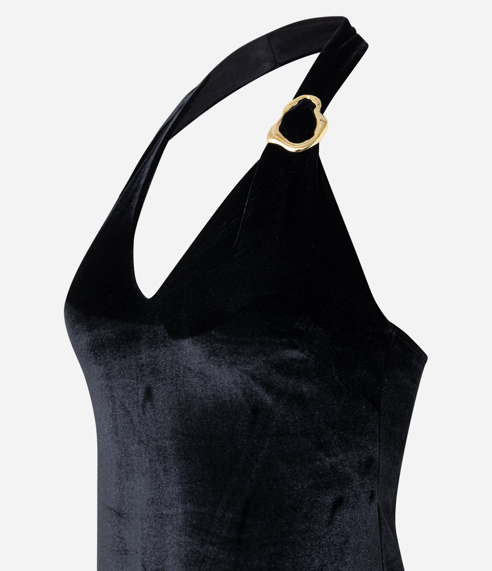 Vestido New Midi em Veludo Frente única com Aviamento na Alça Preto 8