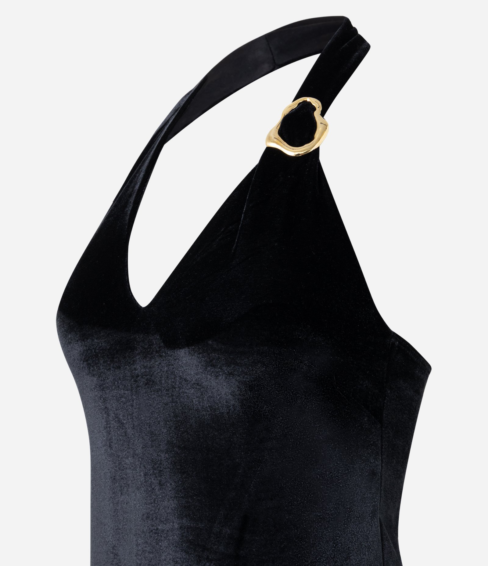 Vestido Curto em Veludo Frente única com Aviamento na Alça Preto 6