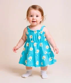 Vestido Infantil com Estampa de Margaridas - Tam 0 a 18 meses