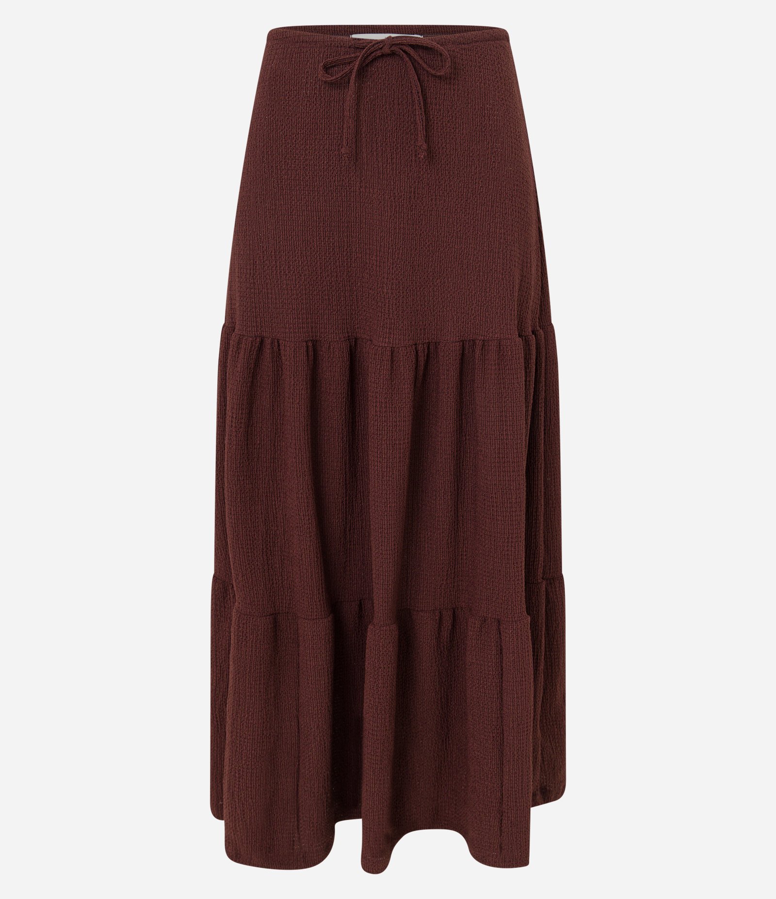 Saia Evasê Longa Texturizada com Amarração e Babado Marrom 5