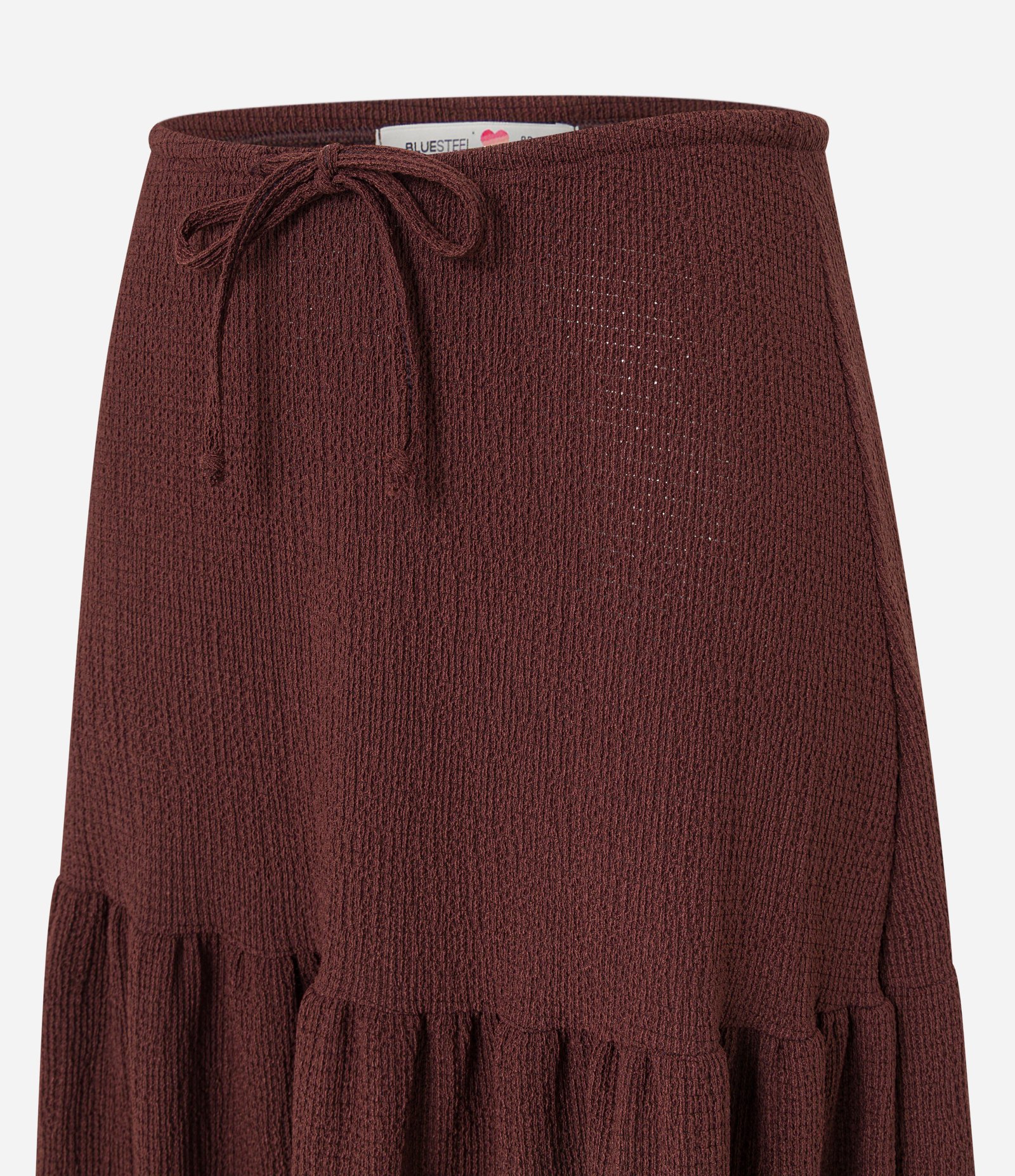 Saia Evasê Longa Texturizada com Amarração e Babado Marrom 6