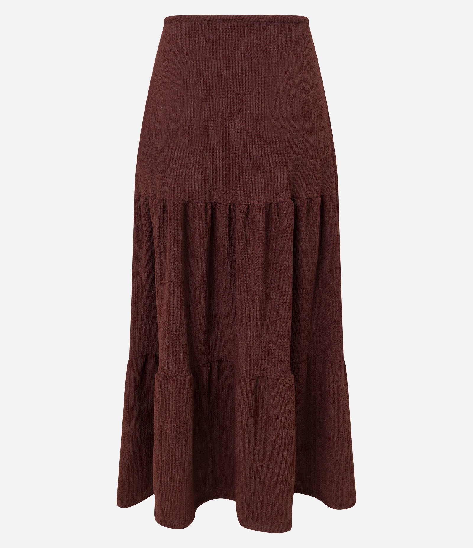 Saia Evasê Longa Texturizada com Amarração e Babado Marrom 7