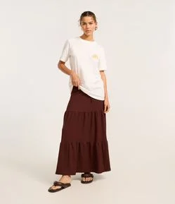 Saia Evasê Longa Texturizada com Amarração e Babado