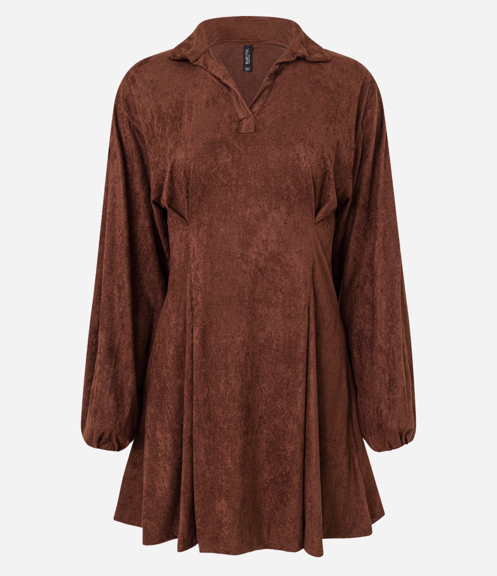 Vestido Evasê Curto em Suede com Gola Polo Marrom 5