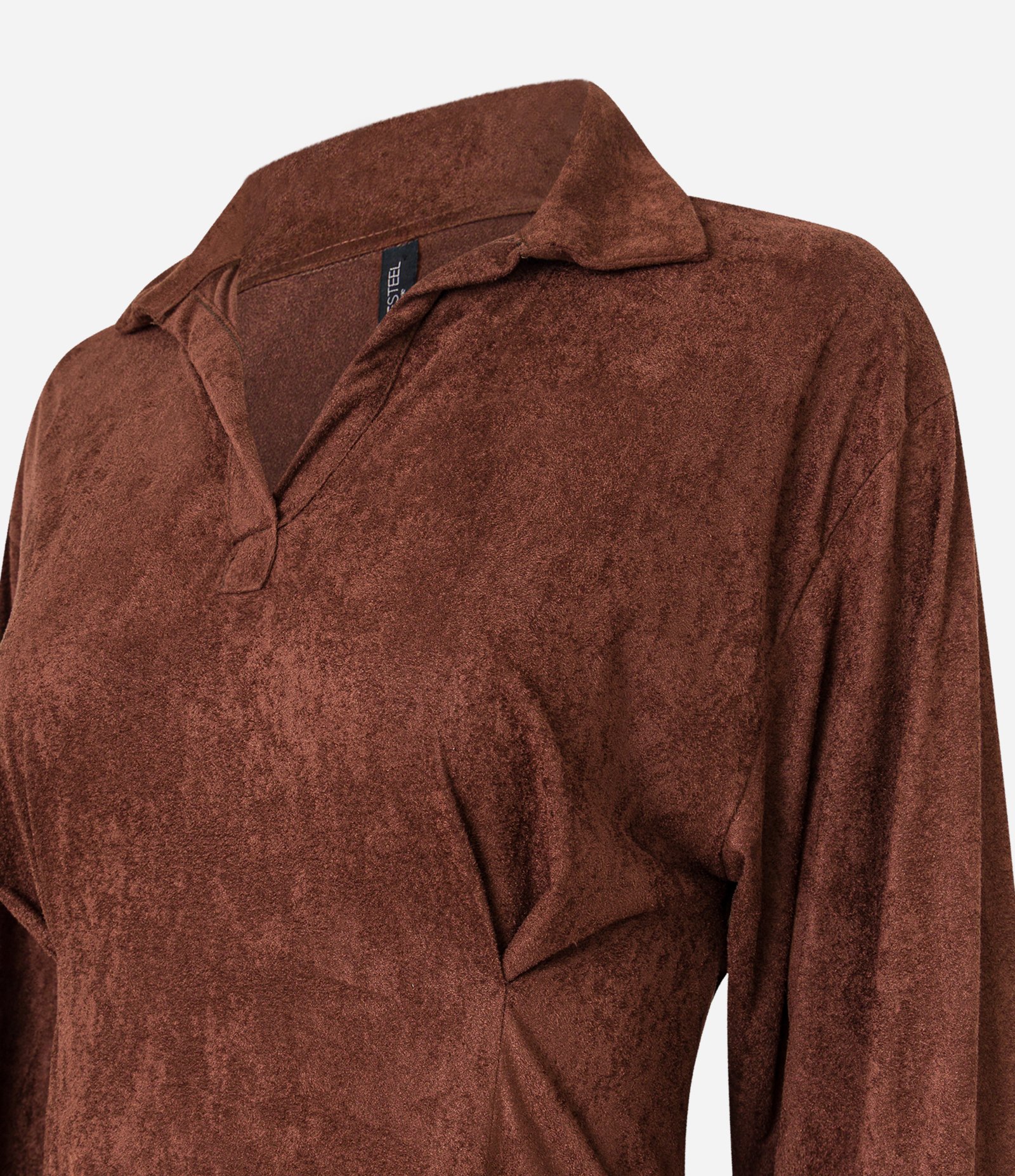 Vestido Evasê Curto em Suede com Gola Polo Marrom 6