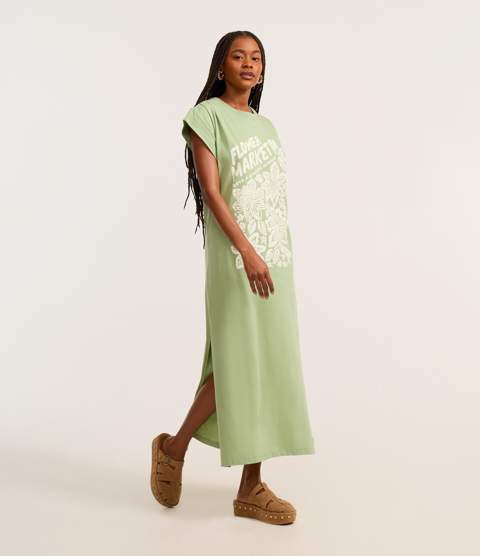 Vestido Long Midi com Estampa Floral e Fenda Verde 1