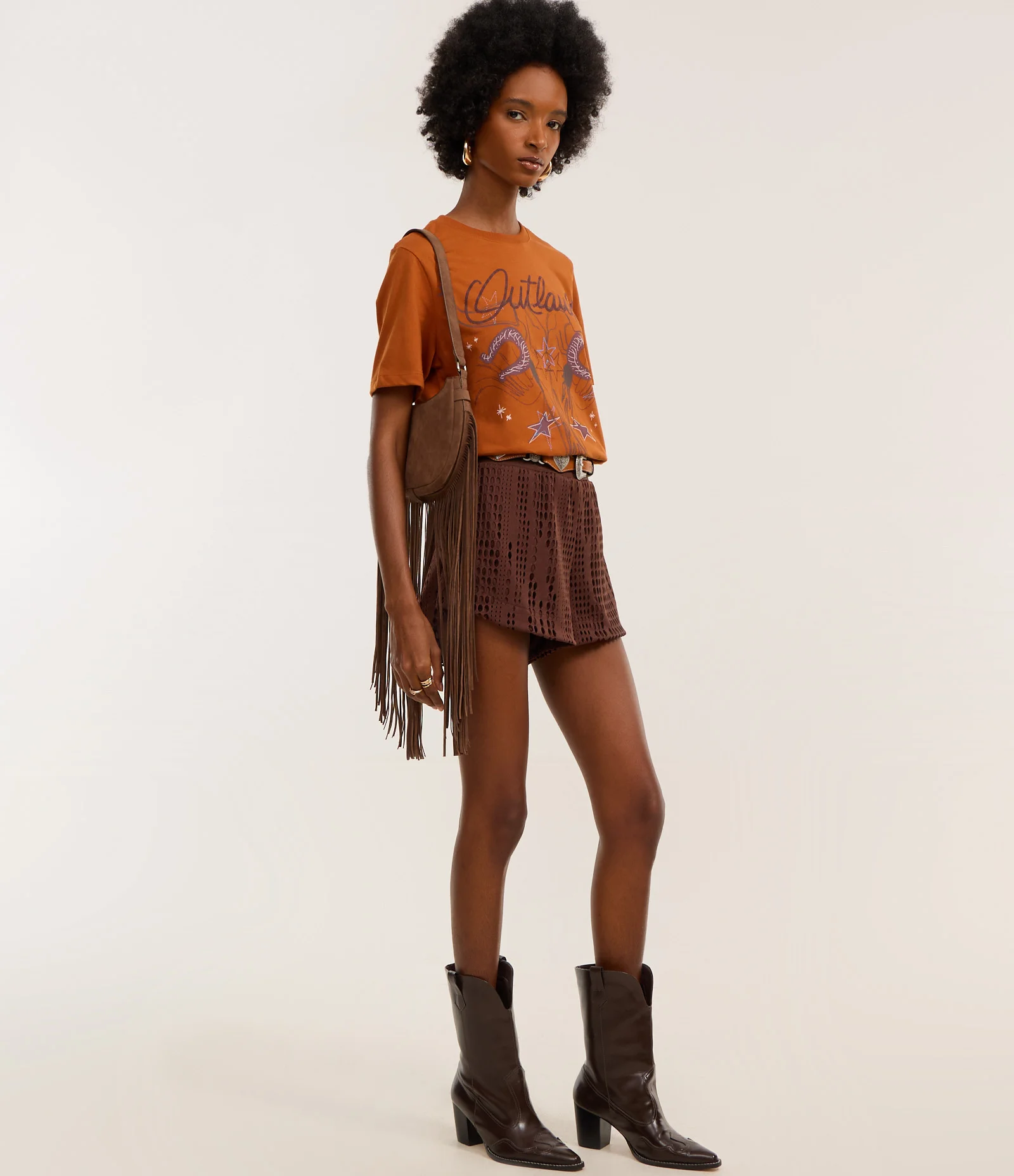 Camiseta em Algodão com Estampa Outlaws Marrom 2