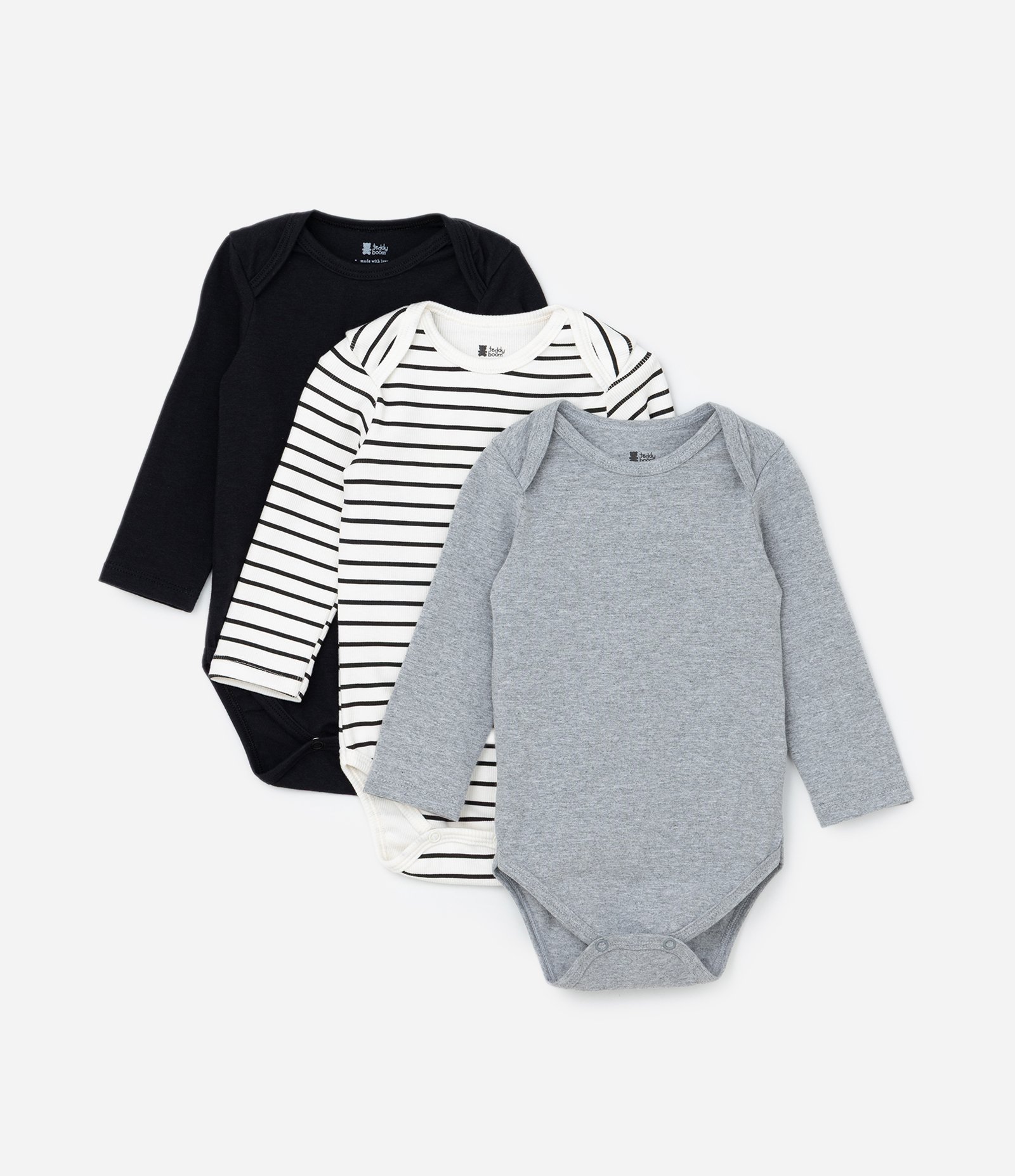 Kit 03 Bodies Infantis com Estampa Listrada  - Tam 0 a 18 meses Preto/Cinza/Listrado 1