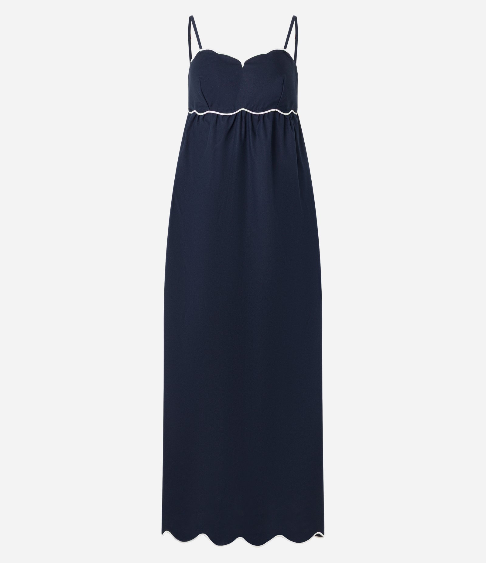 Vestido Longo em Tricoline com Decote Ondulado Azul Marinho 5