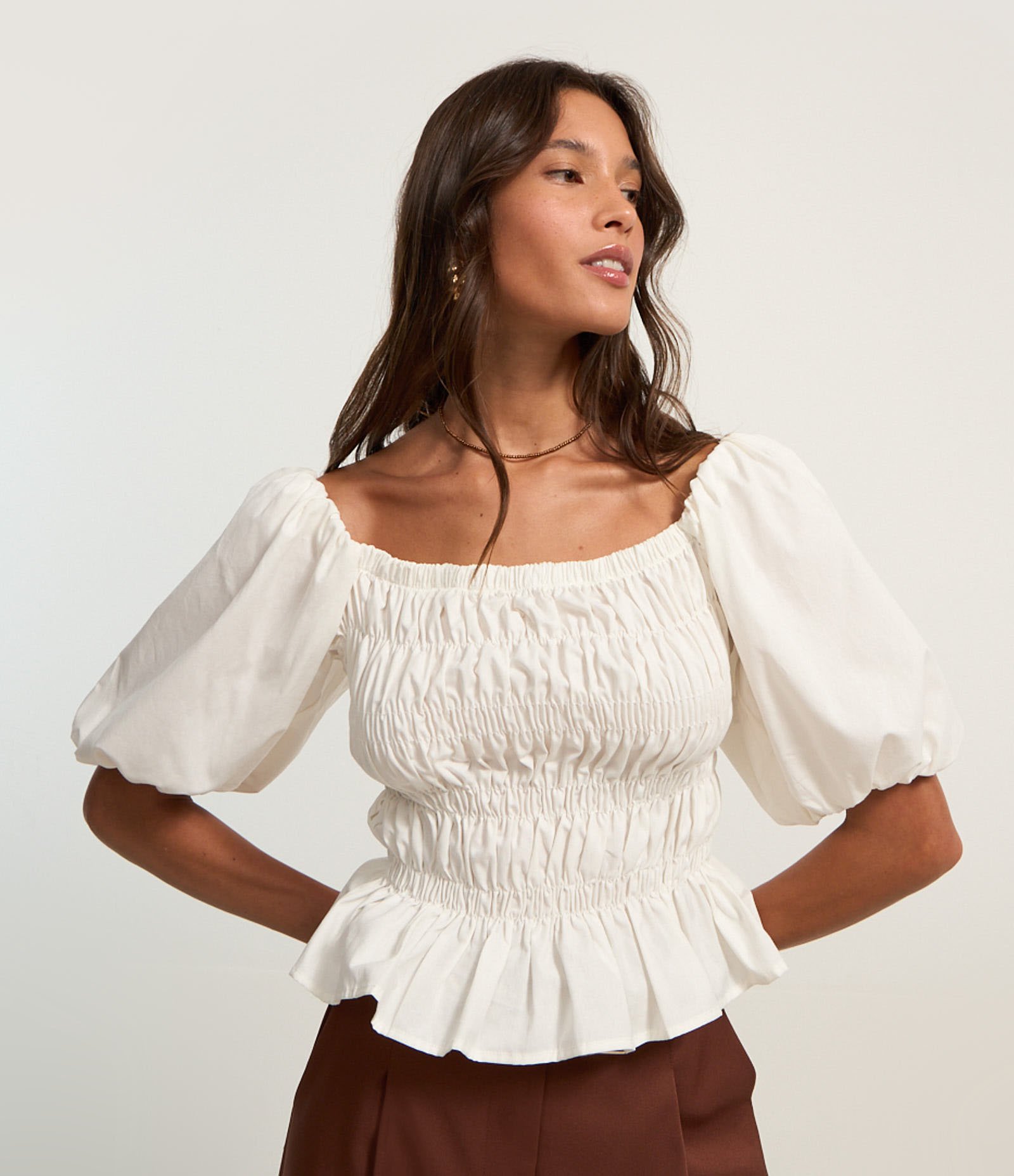 Blusa em Tricoline com Lastex e Manga Bufante Branco 3