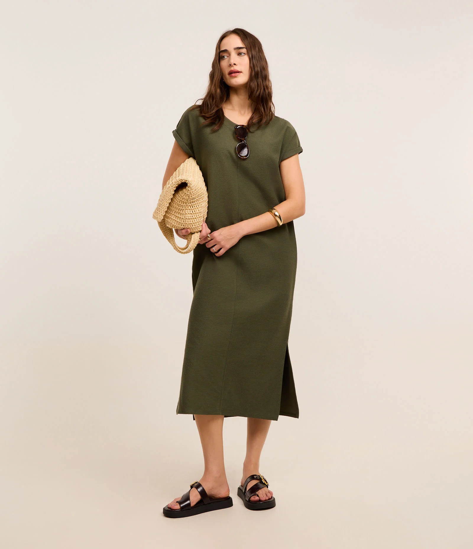 Vestido Midi em Ponto Roma com Efeito Sarja Verde 2