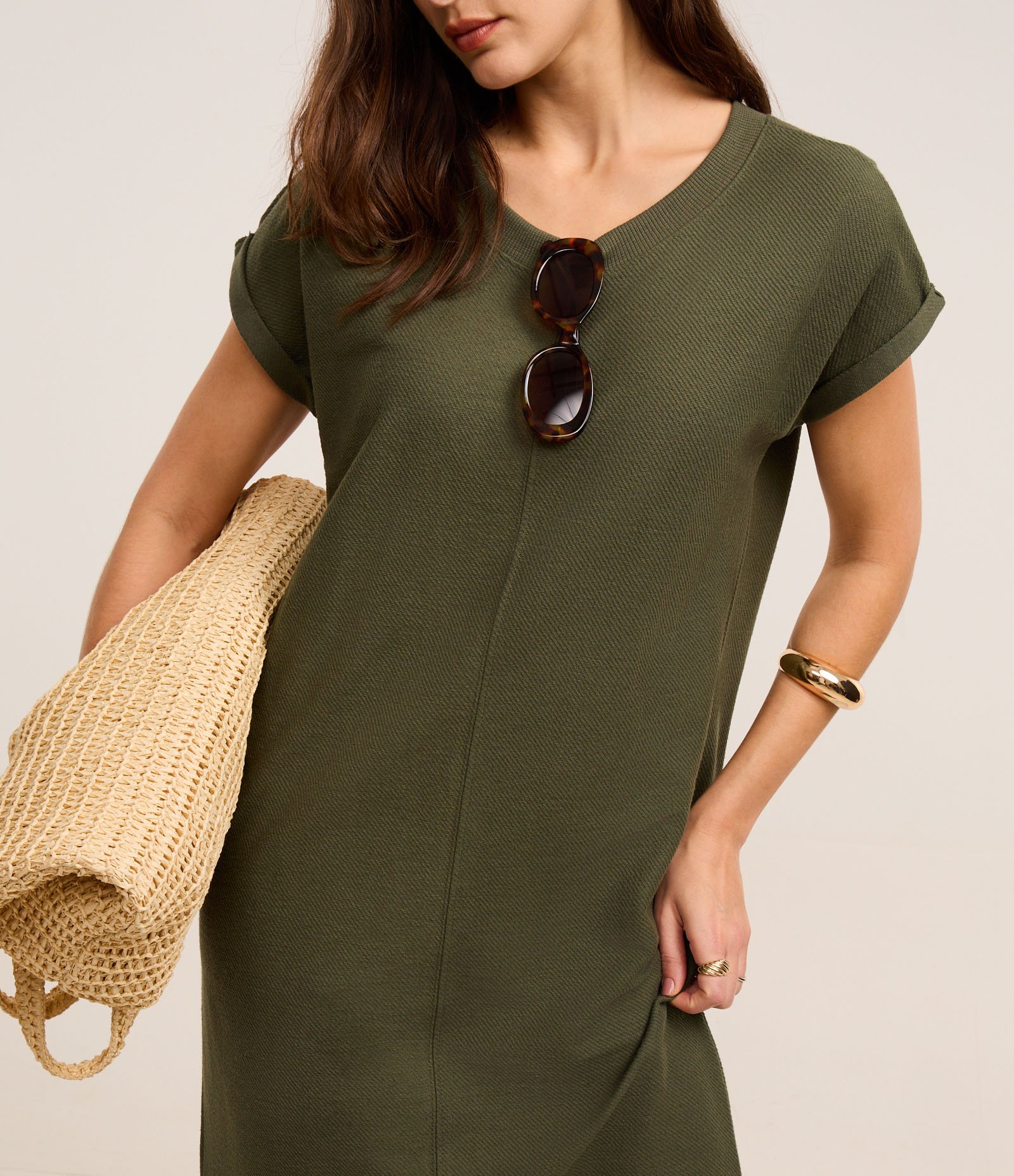 Vestido Midi em Ponto Roma com Efeito Sarja Verde 5