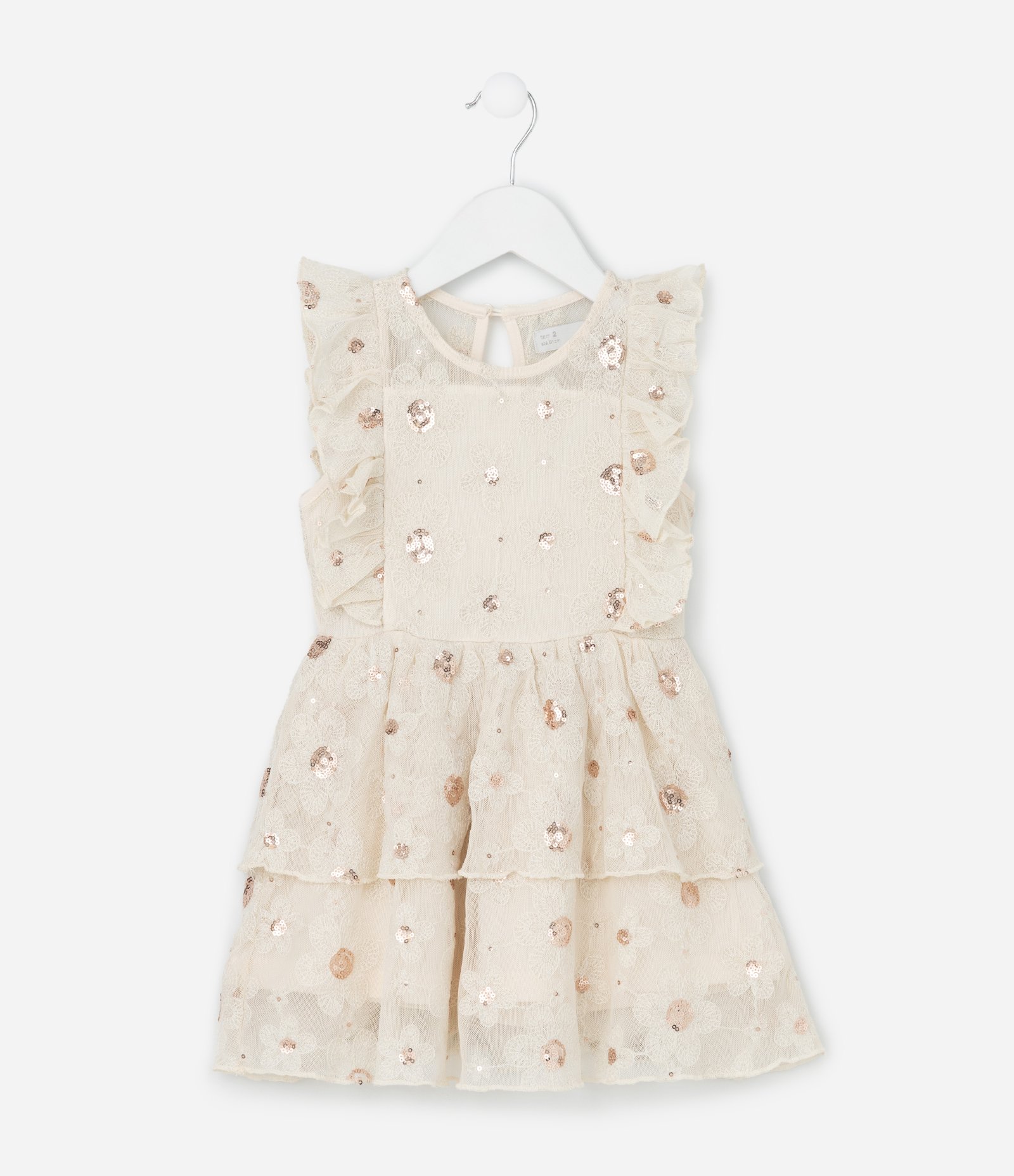 Vestido Infantil com Bordado Floral e Paetês -Tam 1 a  6 Anos Bege 2