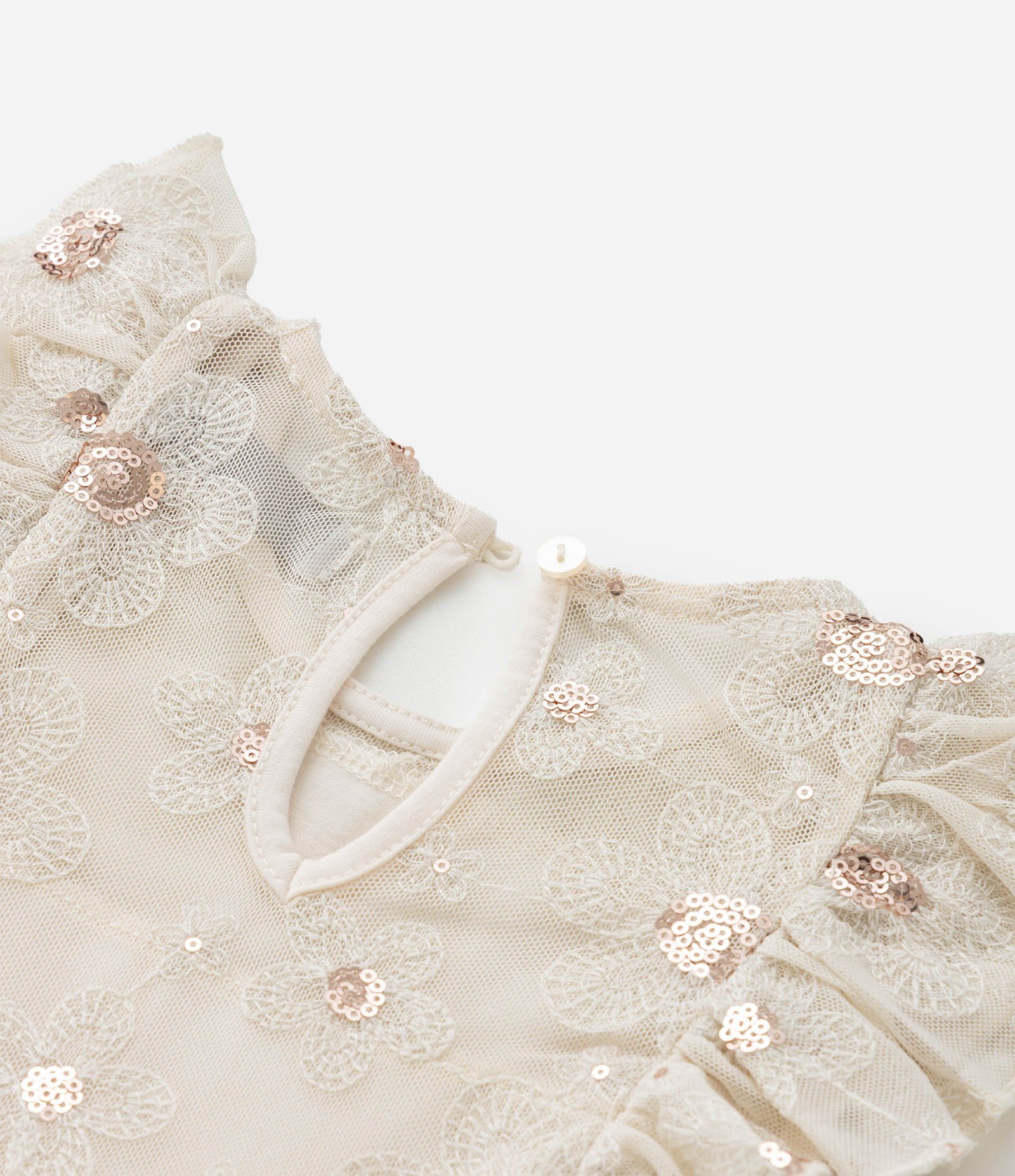 Vestido Infantil com Bordado Floral e Paetês -Tam 1 a  6 Anos Bege 5