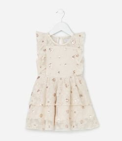 Vestido Infantil com Bordado Floral e Paetês -Tam 1 a  6 Anos