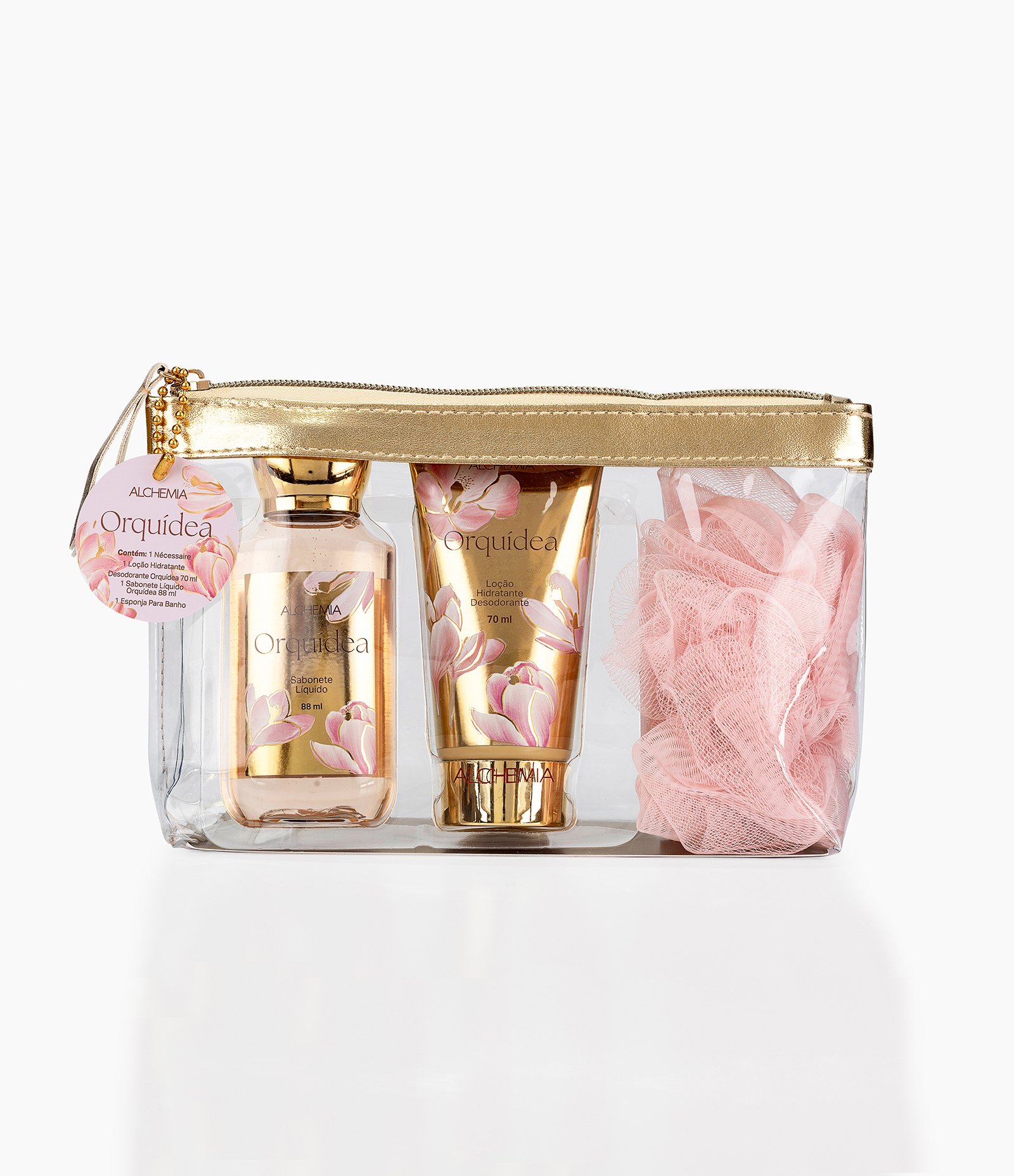 Kit Nécessaire Orquídea com Sabonete Liquido  + Hidrante Corporal e Esponja de Banho Mães Alchemia  KIT 1