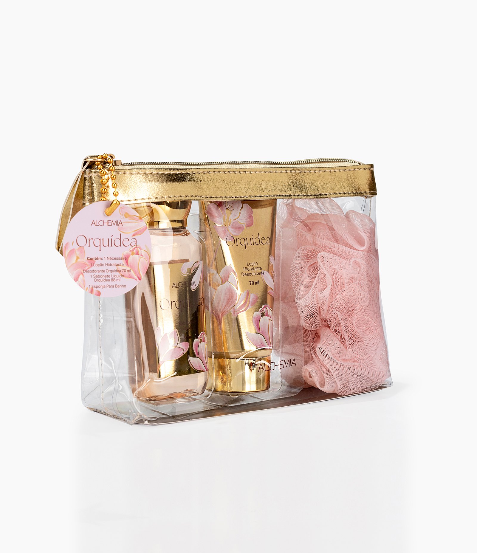Kit Nécessaire Orquídea com Sabonete Liquido  + Hidrante Corporal e Esponja de Banho Mães Alchemia  KIT 2