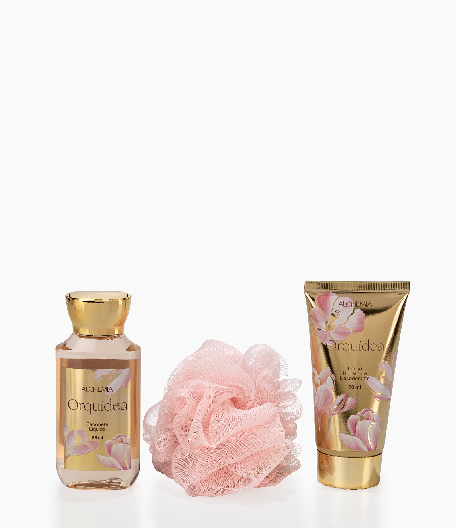 Kit Nécessaire Orquídea com Sabonete Liquido  + Hidrante Corporal e Esponja de Banho Mães Alchemia  KIT 3